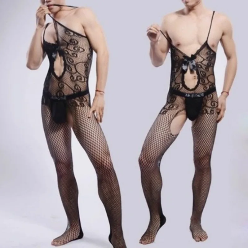 

2017 Lace Pantyhose Sexy See-thru Black Bodystockings for Men gay Open-crotch Coveralls Stockings Body Stocking Bodyhose socks