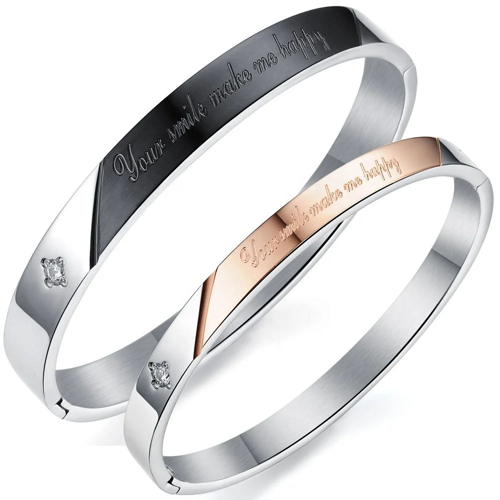 

Smile Happy Couple Cuff Customize Stainless Steel Bangle Lover Bracelet, Black/rose gold color