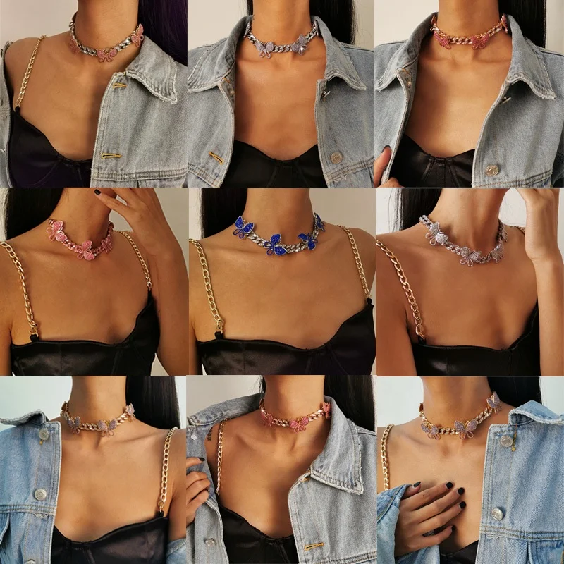 

Luxurious Full Crystal Iced Out Chunky Cuban Link Chain Necklace Women Fashion Butterfly Choker Necklace Vintage Jewelry