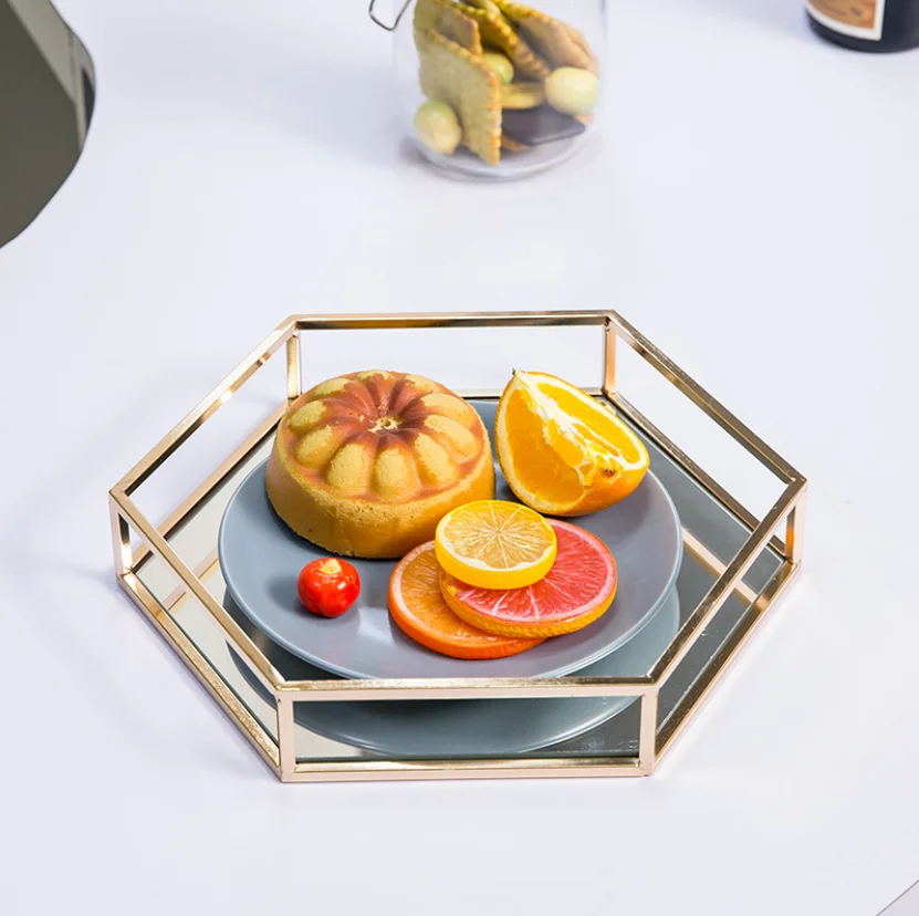 

European Gold Mirror Glass Hexagon Serving Wedding Decoration Vanity Mirror Makeup Necklace Jewelry Tray, Rose gold