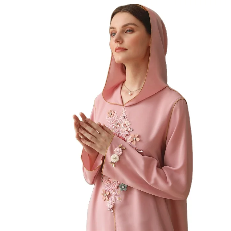

HJ EMDR19 Hand-Sewn Diamond Patching Dresses Women Muslim Long Plus Sized Abaya Pink