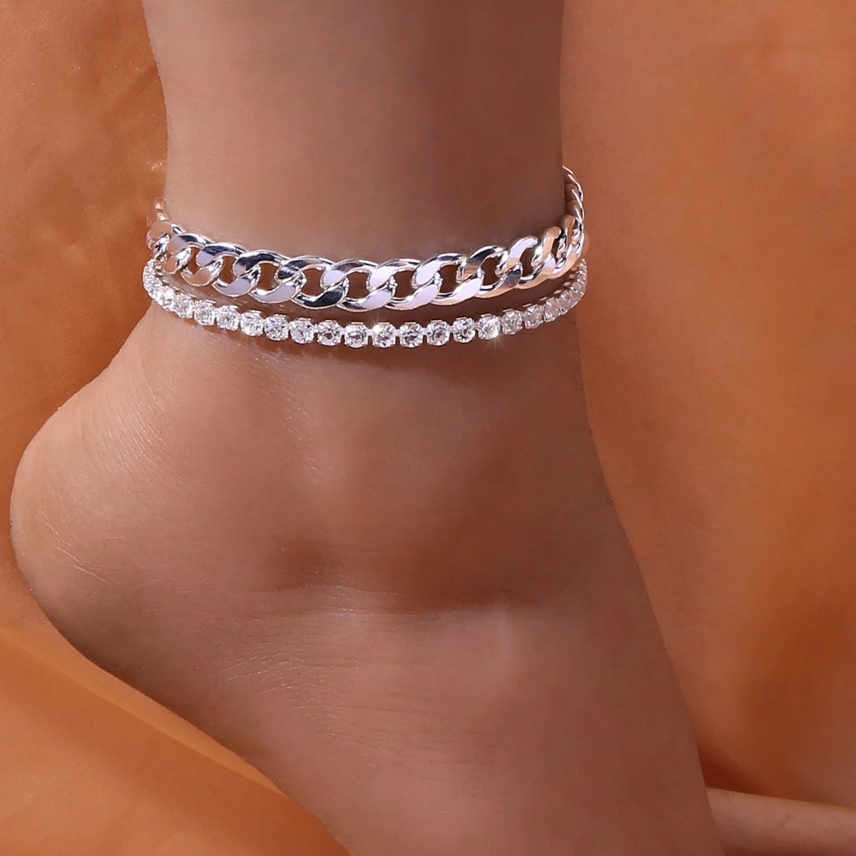 

Punk Silver Gold Plated Beach Anklets Foot Chain Jewelry Stainless Steel Layered Crystal Cuban Anklets For Women