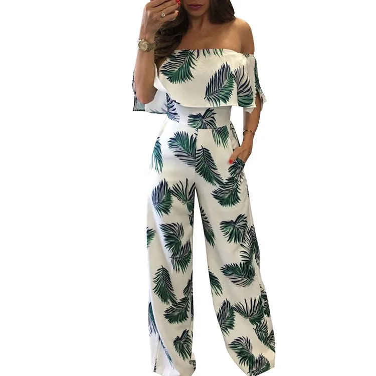 

2021 Explosive women Short Sleeve wide leg floral Print One-Piece Collar Ruffled ladies casual Loose Jumpsuit, Print or customized