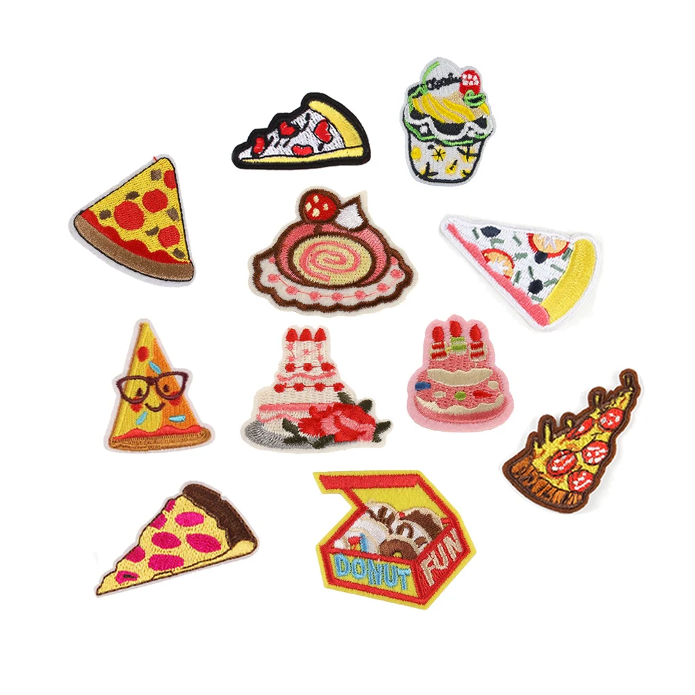 

yiwu wintop fast food theme iron on embroidered birthday cake triangle pie pizza slice patches for kids clothes