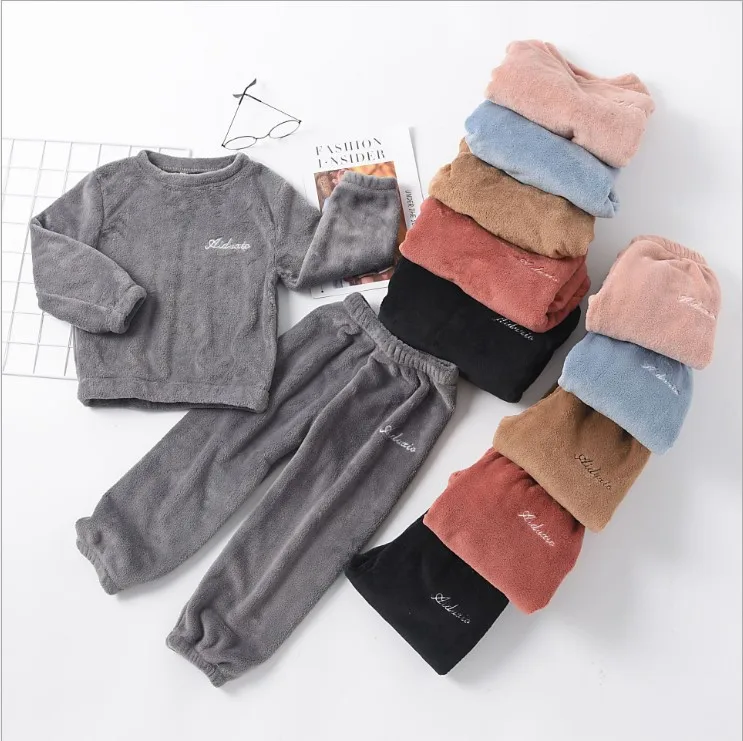 

Children's warm suit winter add wool upset coral velvet material pajamas for boys and girls