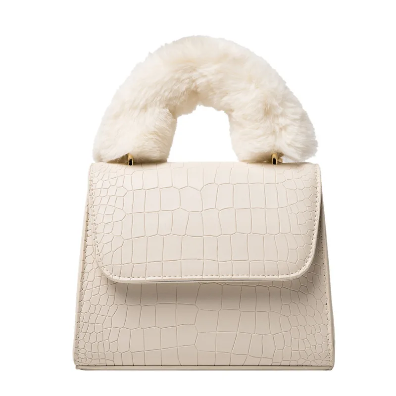 

Winter Luxury Fur Plush Handles Mini Flap Handbag Alligator Fuzzy Shoulder Crossbody Bags Crocodile Pattern Faux Fur Handbags