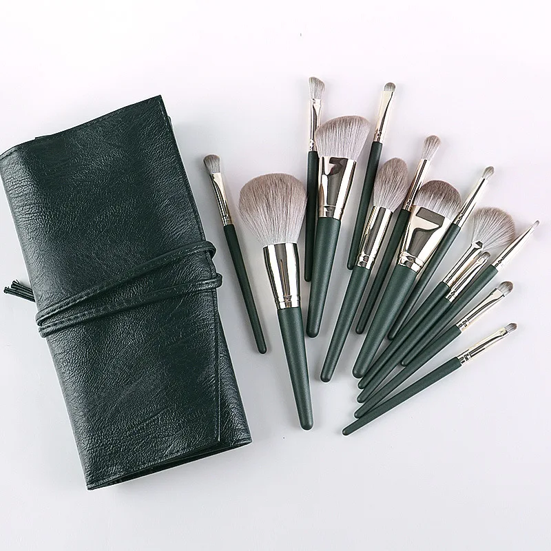 

2021 Makeup Brush Kit Vegan Makeup Brushes Private Label High Quality Wooden handle 14Pcs green Makeup Brush Set Professional, Show as picture or can customized