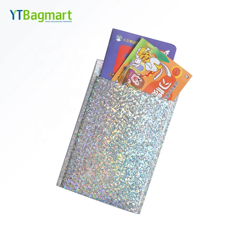 
Custom Logo Printing Small Holographic Shipping Mailing Bags Decorative Rainbow Metallic Foil Holographic Bubble Mailers 
