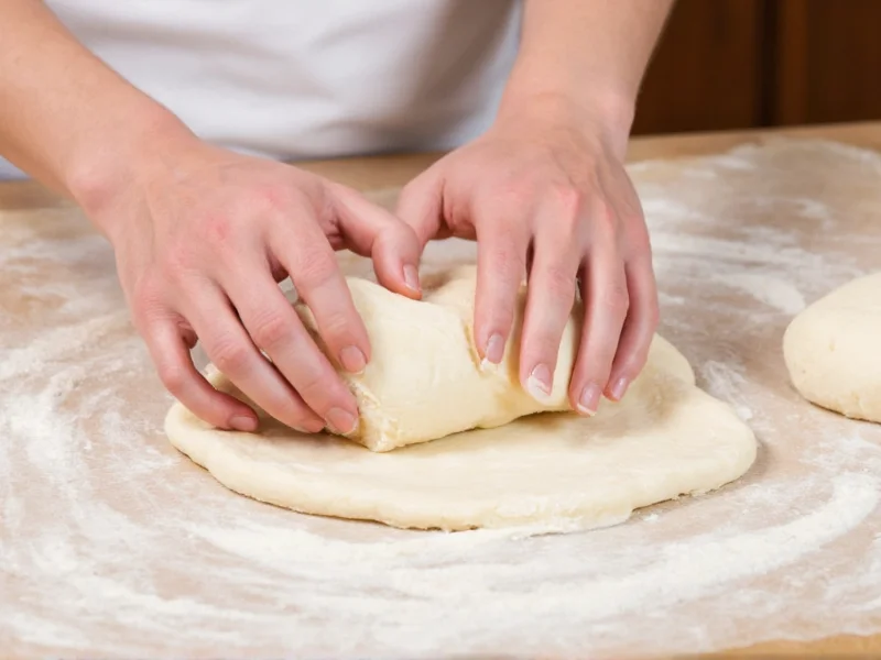 Hands shaping sandwich bread dough on floured surface