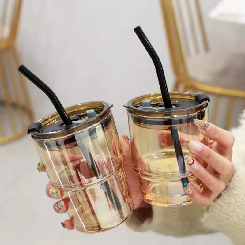 

Cold Travel Ice Transparent Clear Reusable Coffee Glass Cup With Lid And Straw, Brown/grey