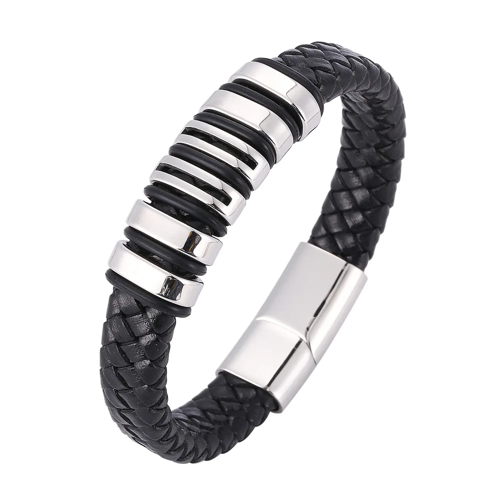 

Hot Selling Men's Braided Bracelet Leather Bracelet Stainless Steel Magnetic Buckle Leather Rope Bracelets & Bangles For Men