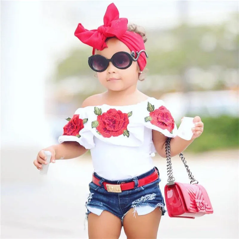 

Wholesale Children Summer Clothes Kids Rose Printing Jeans Shorts Clothing Set For Girls