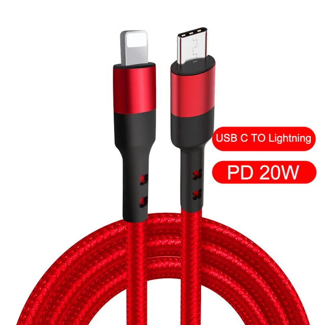 

2021 type c to lighting pd charger nylon cables for Apple iphone 11 12 mobile phone data cable PD fast charging cable 18W, Black red