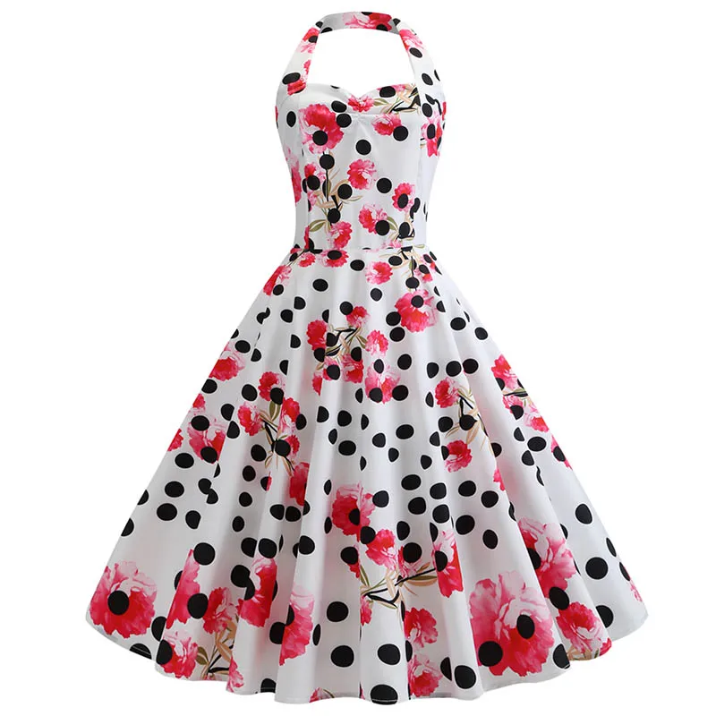 

50s Womens Vintage Rockabilly Pinup Hepburn Halter Swing European Style Flower Girl Birthday Evening Party Dress 1042