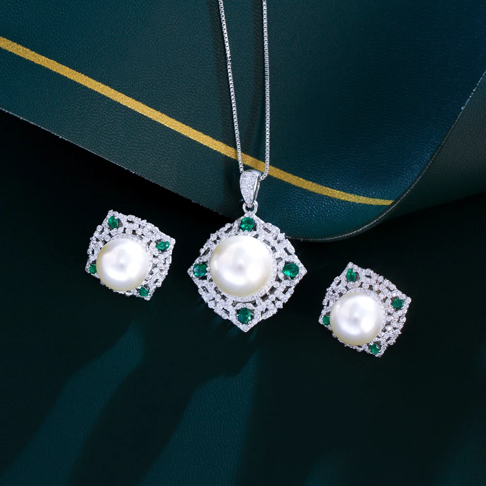 Vintage Green Pendant Necklace Earrings Bridal Simulated Pearl Jewelry Set for Women Engagement Dress Accessories