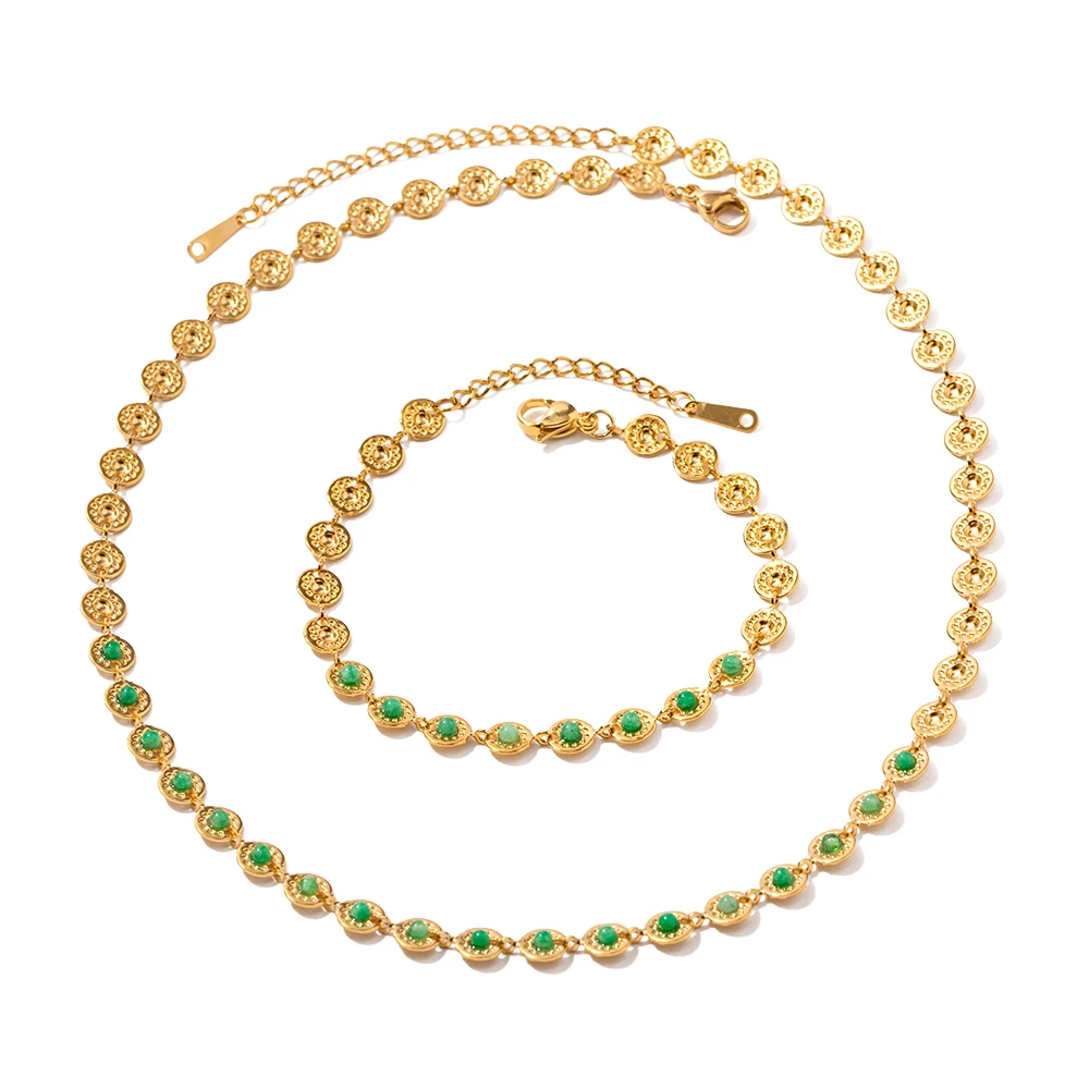 

Semi-precious Green Stone Bracelet Necklace 18K Gold Plated Stainless Steel Aesthetic Jewelry Set for Girls