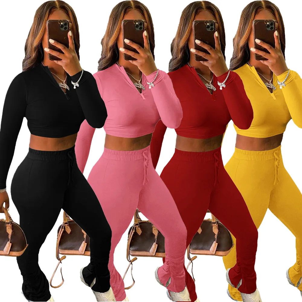 

New autumn women sexy pure color pleated pants sports two piece set
