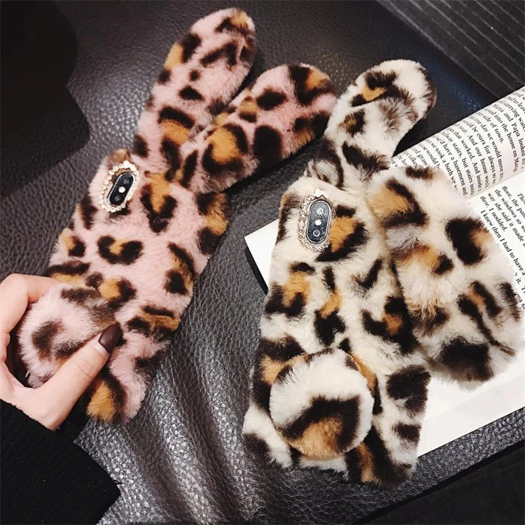 

Wholesale Cute Cartoon 3D Leopard Phone Case Fur Eco-Friendly Custom Design Rabbit Fur Phone Case For Iphone 13 12 11 X