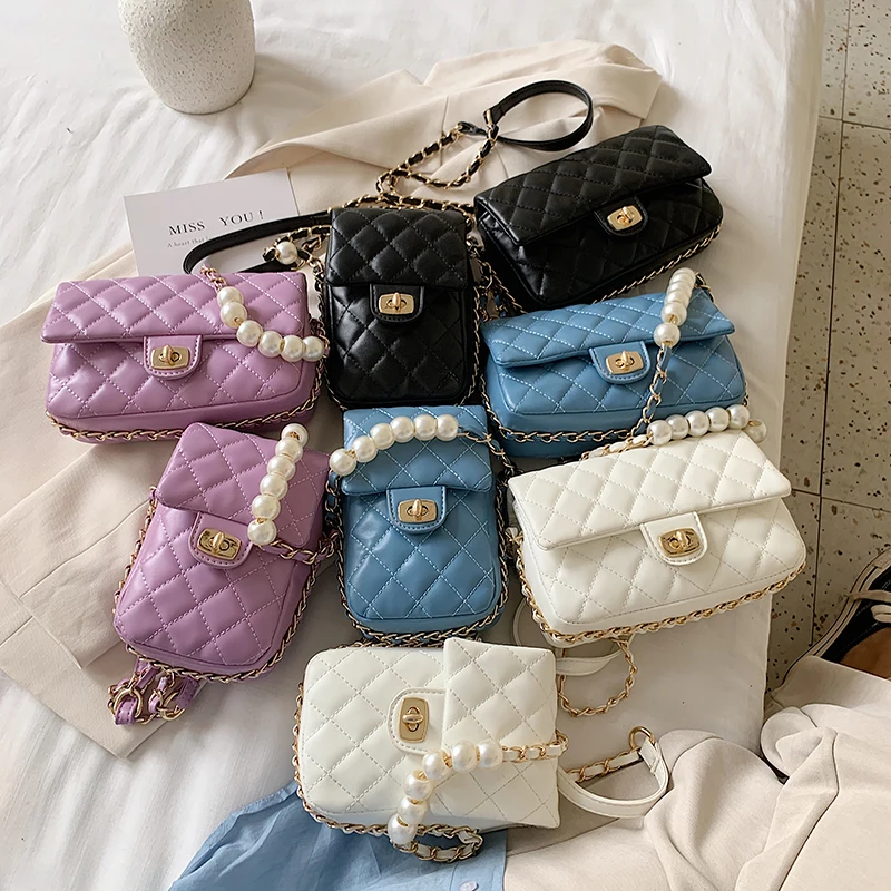 

custom logo pearl chain Series multi color mini size Leather Crossbody Bags Cell Phone Purse Wallet, 4colors