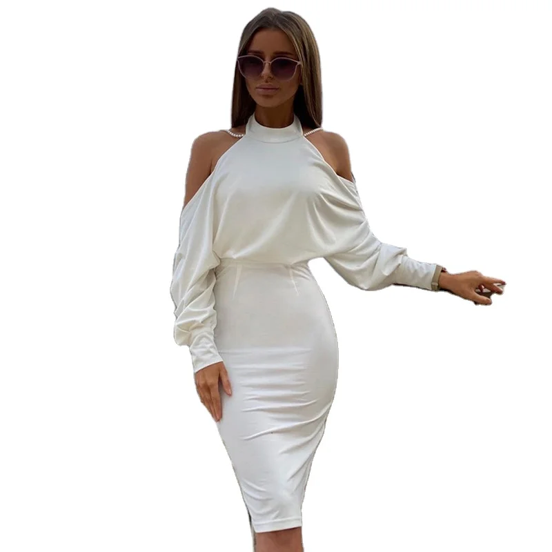 

Halter Backless Long Sleeve Satin White Bodycon Evening Dress, Shown