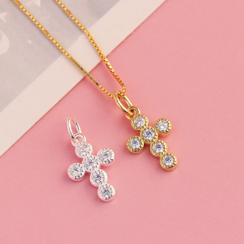 New Design 925 Sterling Silver 8.8mm Gold Plated Pave Diamond Cross Pendant For Necklace Jewelry Making