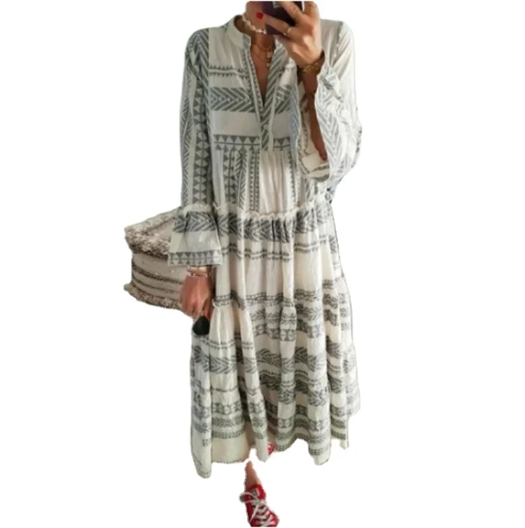 

Top selling products 2021 Women Elegant Vintage Long Sleeve Printed Maxi Dress O Neck Lantern Sleeve A-line Midi Dress, Picture color