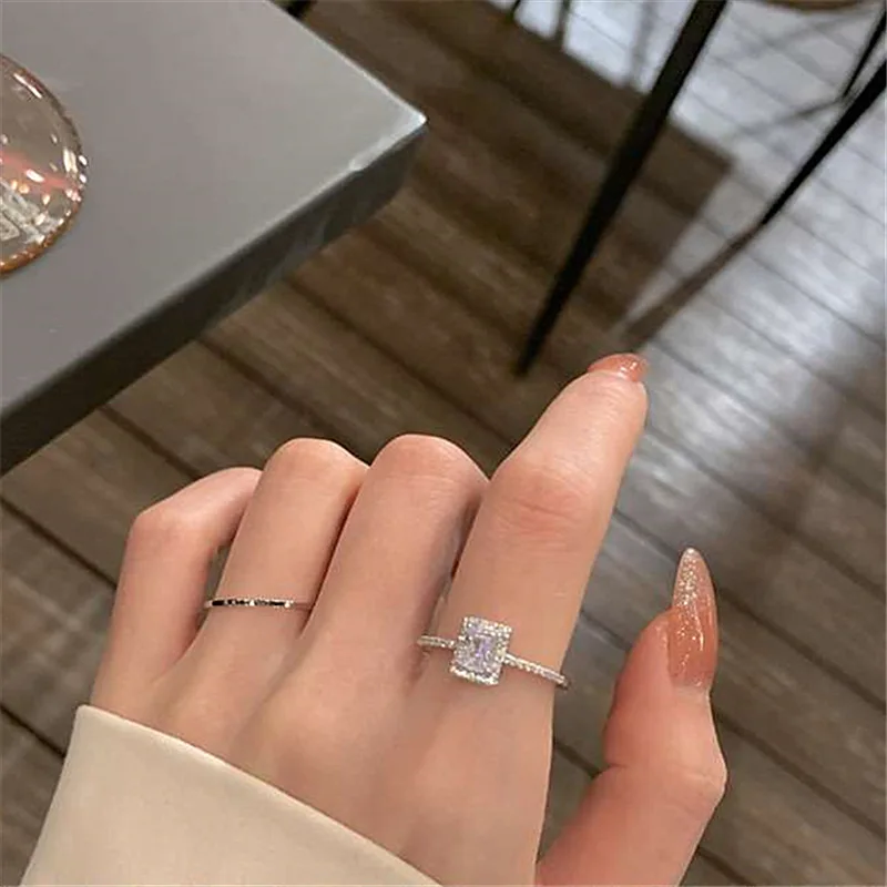 

Fashion Shiny Square Diamond Finger Ring Light Luxury Real Gold Plated CZ Zircon Opening Rings For Women Ladies
