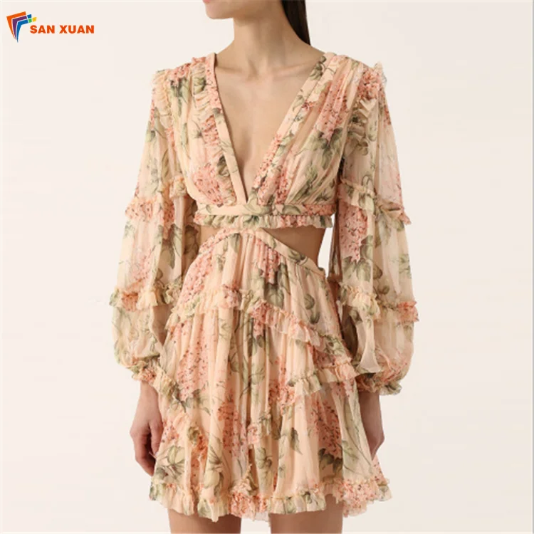 

Holiday beach fashion casual deep v neck puff long sleeve floral printed backless lace-up women summer sexy chiffon dresseses, Picture color