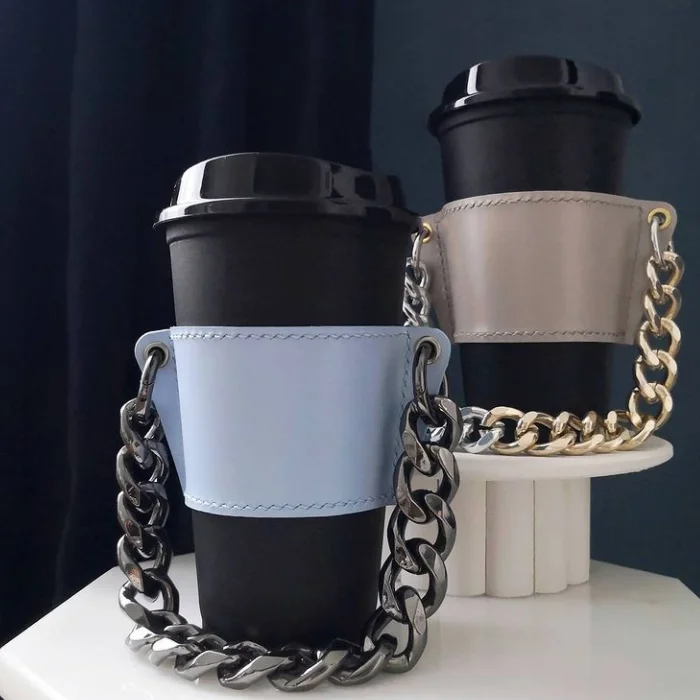 

Creative Leather Tea Cup Sleeve with Handle Bubble Tea Cup Holder Coffee Cup Sleeve with Chain Handle, Black, beige,sky blue