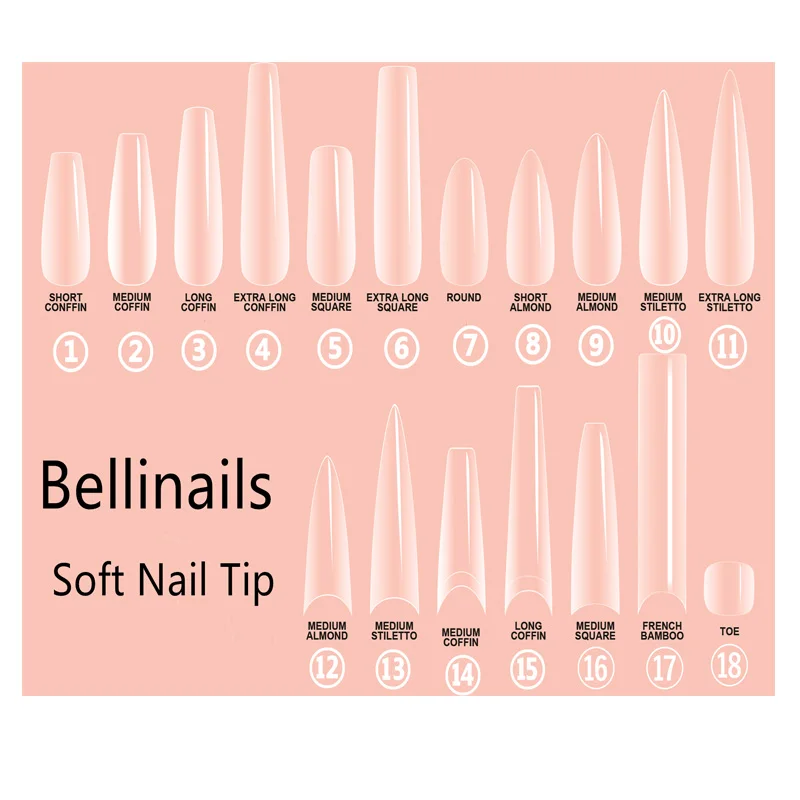 

Customize Brand long coffin 550pcs box tapered clear soft gel full cover nails extension press on nail tips