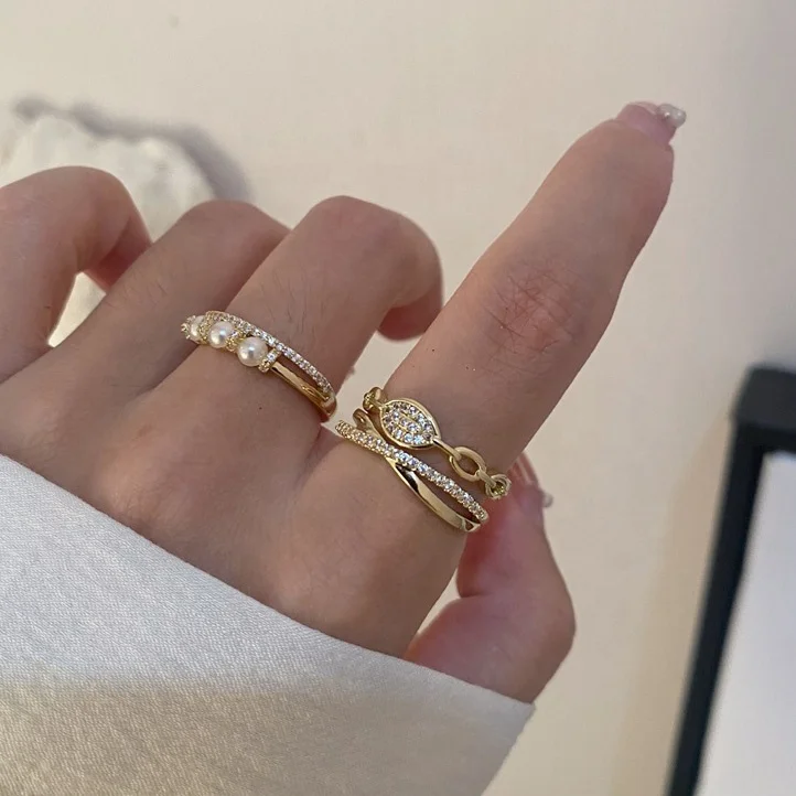 

New vintage french elegant jewelry 14K gold plated white pearl bead double layer zircon finger ring women open adjustable rings