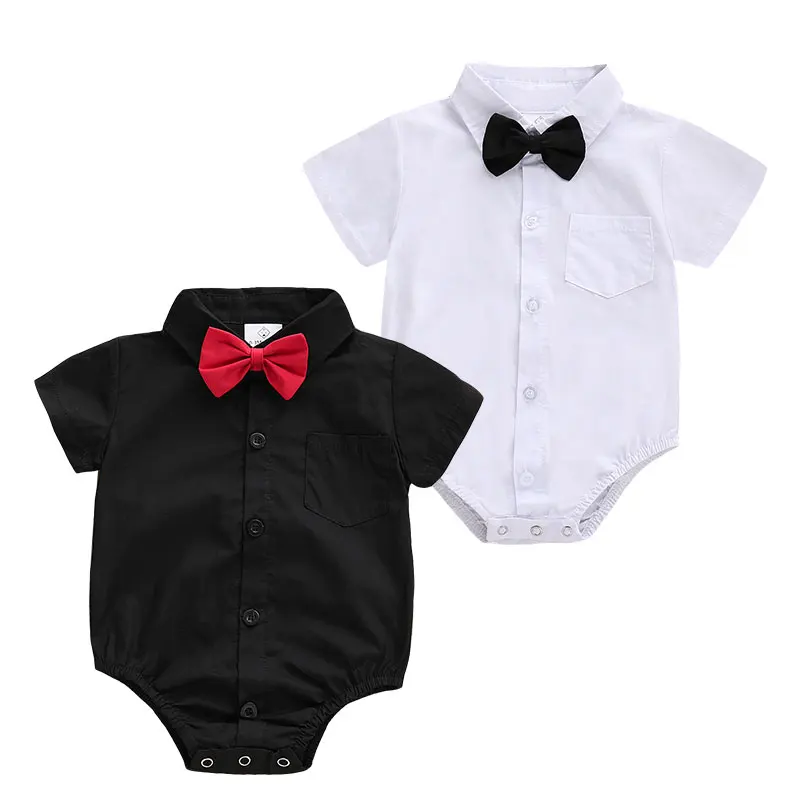 

Wholesale Baby Clothes short Sleeve solid color Jumpsuit with now tie Outfit fashion style Baby boy romper, Black,white
