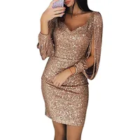 

Women's Sexy Sequins Dress V Neck Tassels Sleeve Club Mini Dress