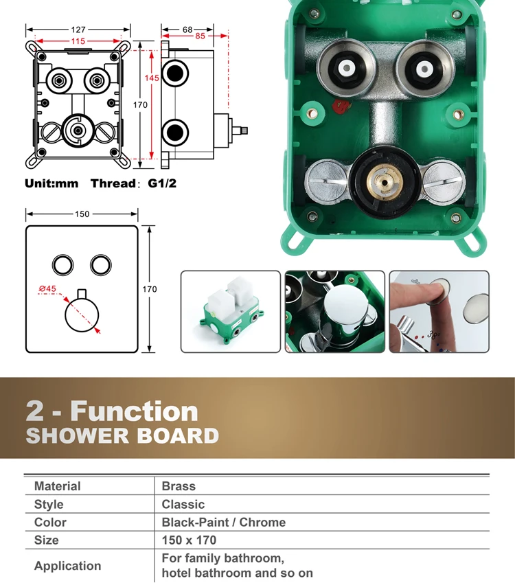 Shower room accessories valve body two function button hot and cold water thermostat switch brass plating