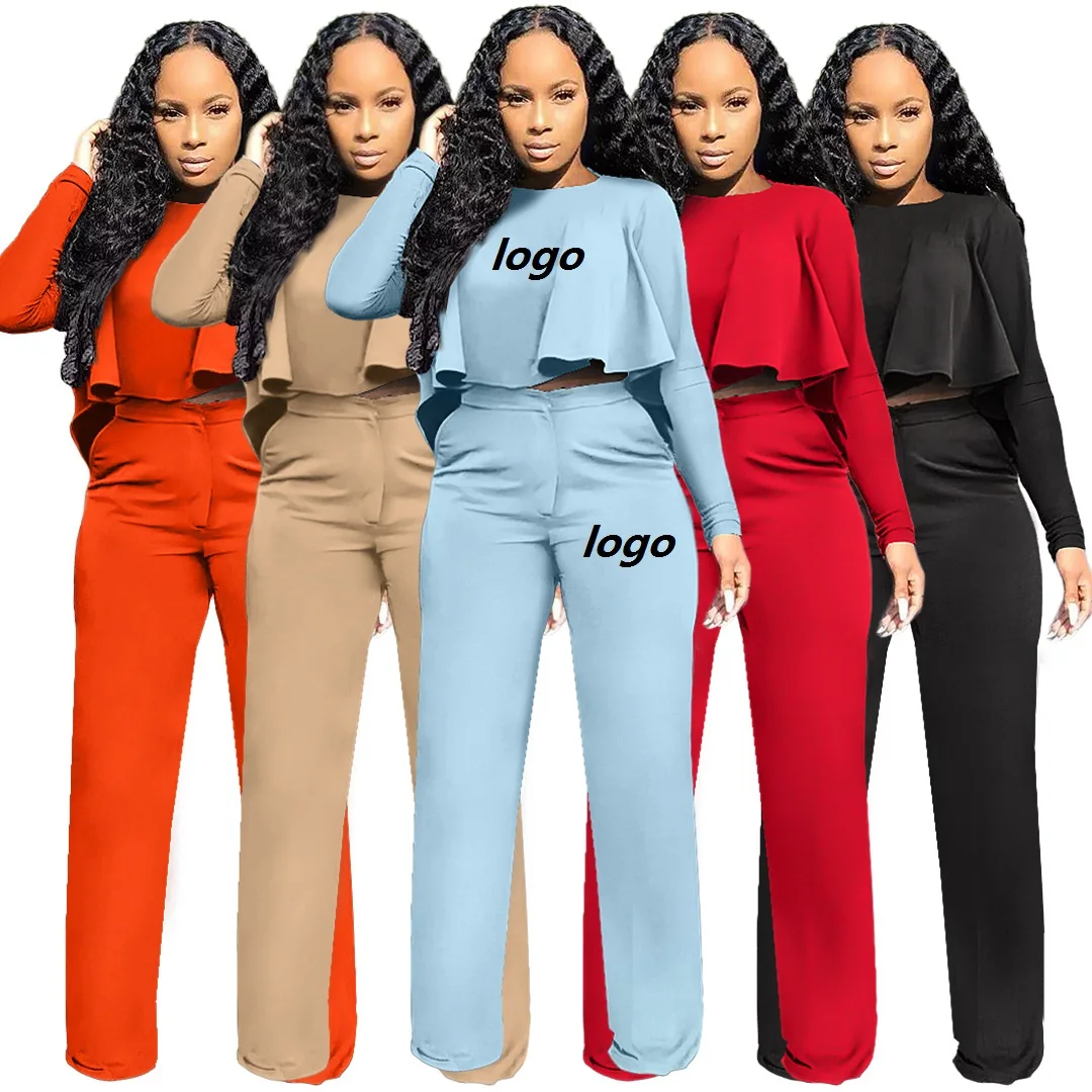

Street Wear Fall Winter Irregular Solid Color Women Outfits Ruffled Zipper Pocket Straight Leg Pants Women 2 Piece Set