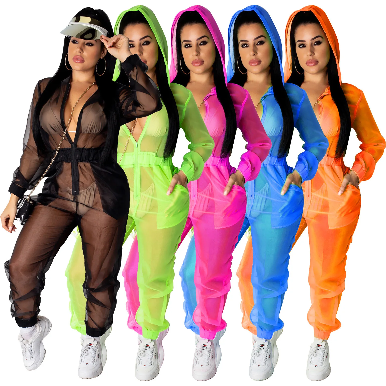 

2021 Best Price Sexy mesh Long Sleeves see througth zipper hoodie Lady Clothes One Piece Jumpsuits And Rompers