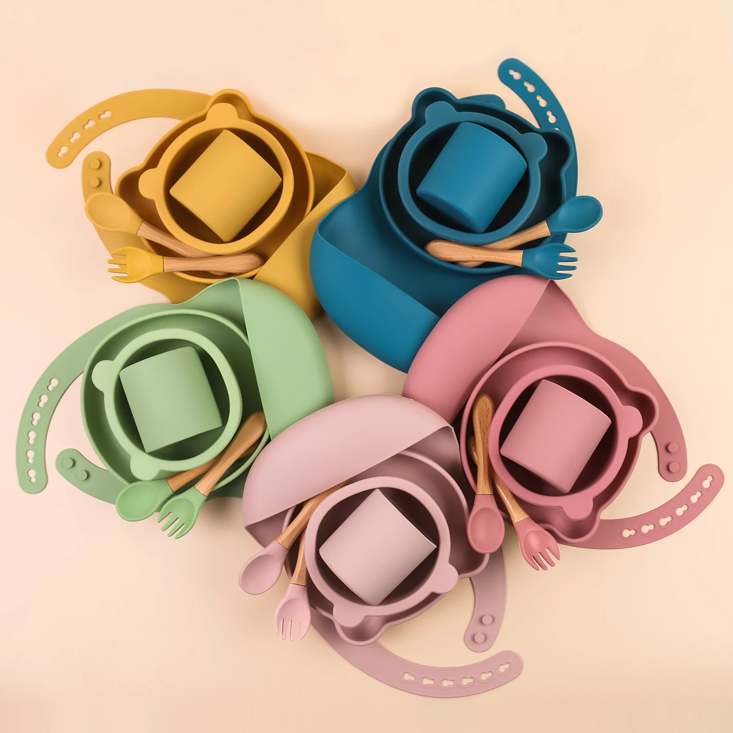 

baby feeding dinner plate silicone bowl with spoon and waterproof bib