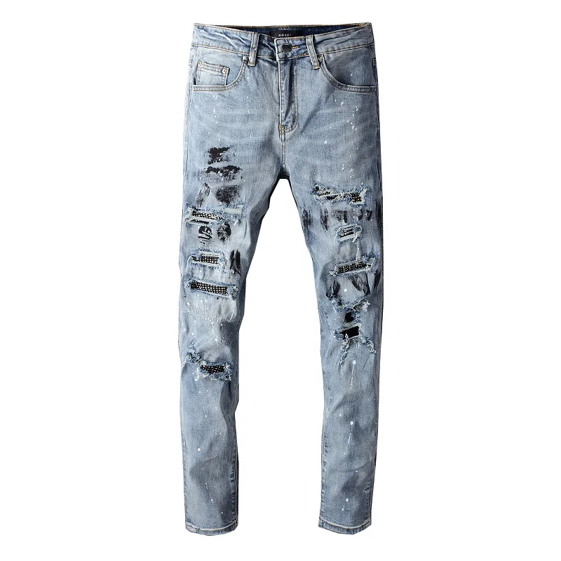 

Mens Ripped Rhinestones Jeans Denim Pants Trousers
