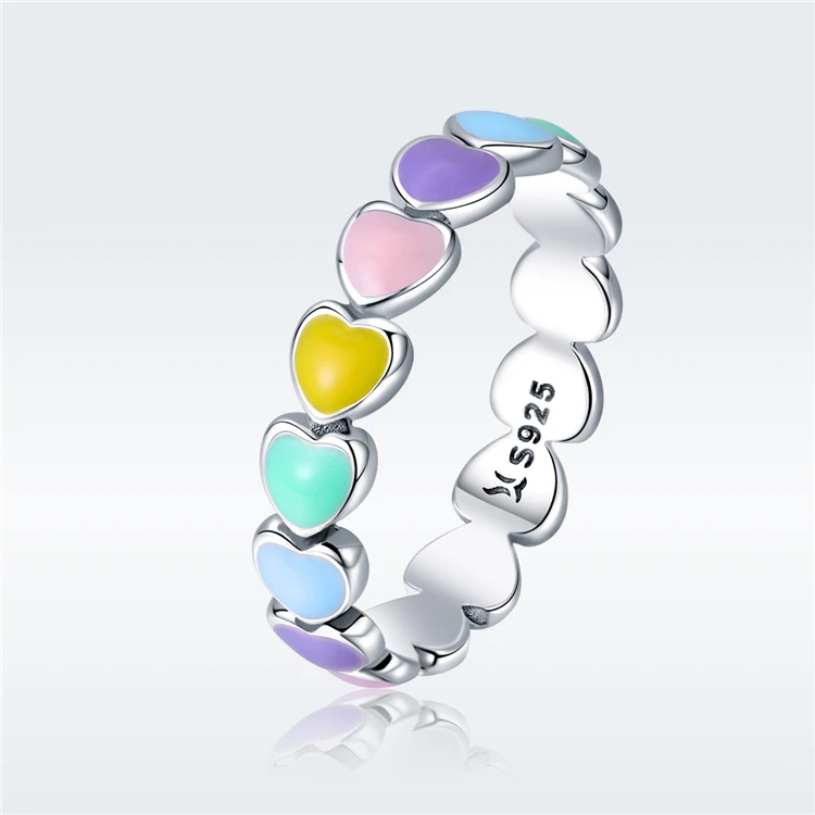 

Authentic 925 Sterling Silver Stackable Rainbow Heart Finger Rings for Women Girly ring Engagement birthday gift for ladies