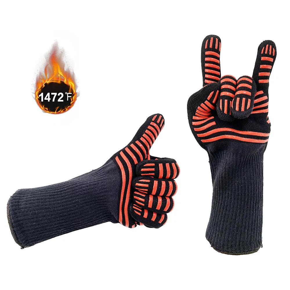 

932F 100% Fireproof Heat Resistant Aramid Kitchen Oven Mitt 5 Fingers Grip Silicone Cooking Gloves for Baker Cook BBQ Grill