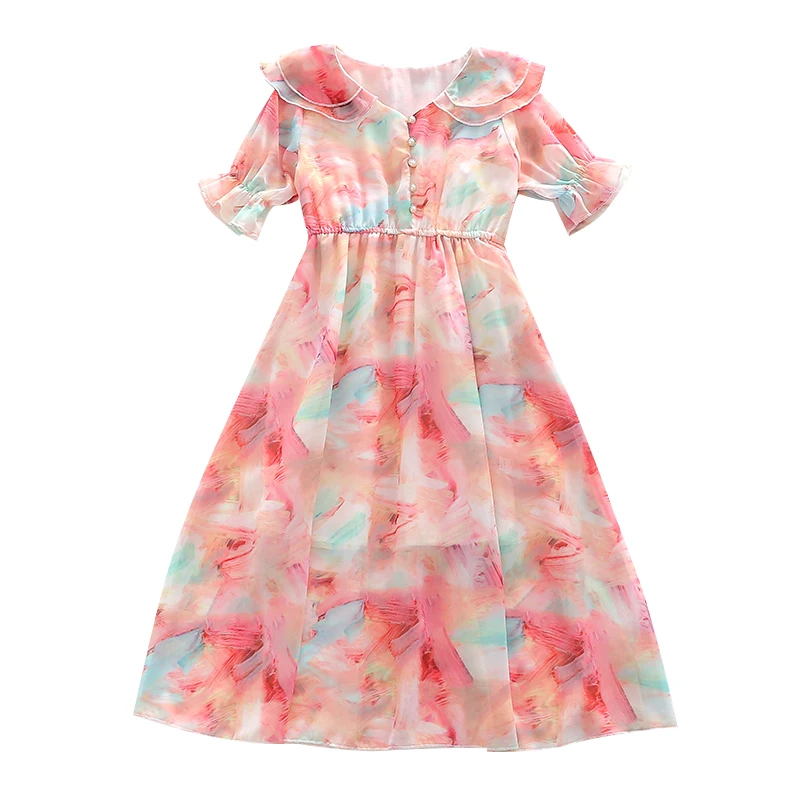 

New Dress 2021 Chiffon Fashion Casual Knee Length Foreign Style Button up Pink Kids Summer Bohemian Skirt