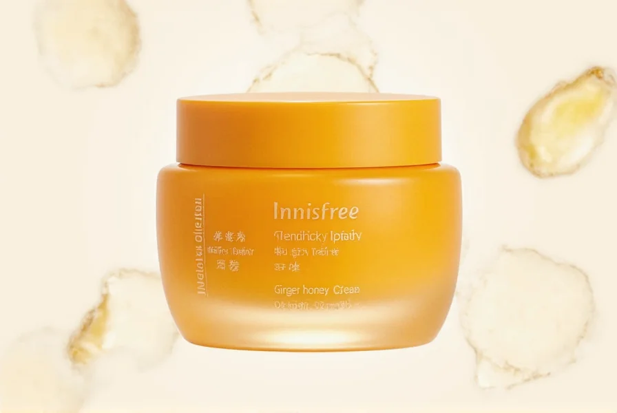 Close-up of Innisfree Nourishing Cream with Ginger Honey jar showing its creamy white texture and ginger honey extract ingredients