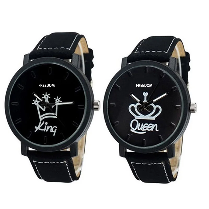 

Fashion Couple Watches Queen King Crown Fuax Leather Quartz Analog Men and Women Wrist Watch Chronograph Valentine Gift