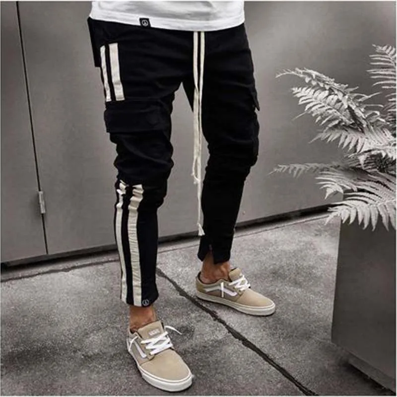 Low Price Men Tapered Skinny Cargo Jeans Side Stripe Denim Jeans Man ...