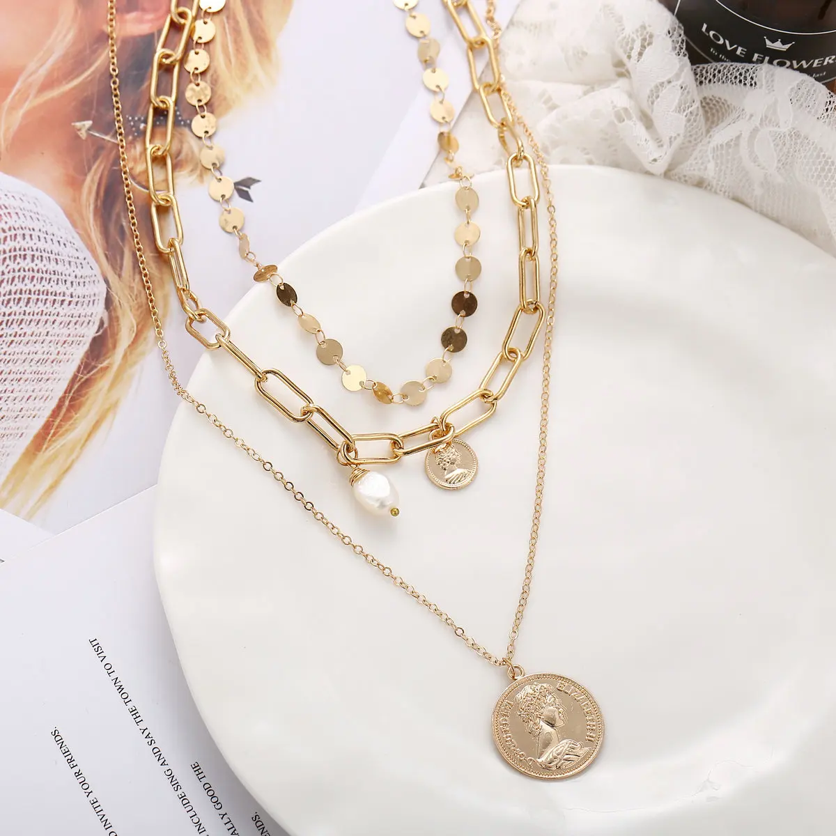 

Fashion gold plated 3 layered necklace dainty coin round shape pearl necklace for women