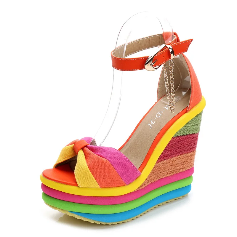 

Summer Sponge Cake Color Matching Women's Shoes Straw High 13cm Vintage Wedge Heel Thick Bottom Platform Sandals Sandalias