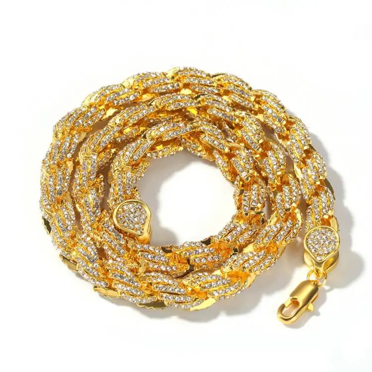 

9mm Hip Hop Alloy Diamond Golden Twist Rope Link Necklace for Men Gifts, See picture