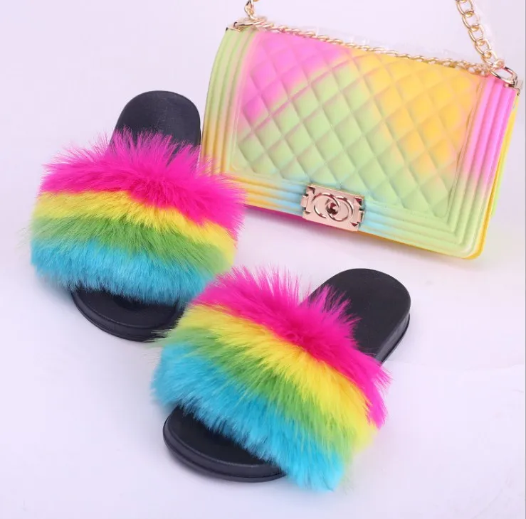 

BOYI 2021 New Arrival Wholesale Tie Dye Print Fur Flat Slippers and Hand Bag Ladies Shoes and Bags Sets for Women, As pic show