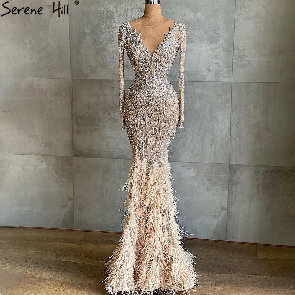 

Nude V Neck Long Sleeves Mermaid Evening Dresses Serene Hill LA71093 2021 New Design Beaded Women Party Gowns With Feathers