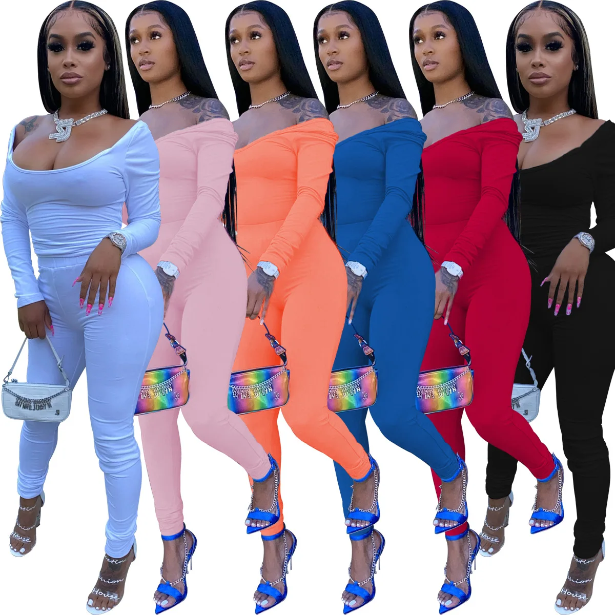 

Fashion casual women's bottom chest solid color long-sleeve trousers two piece set women clothing, 6colors